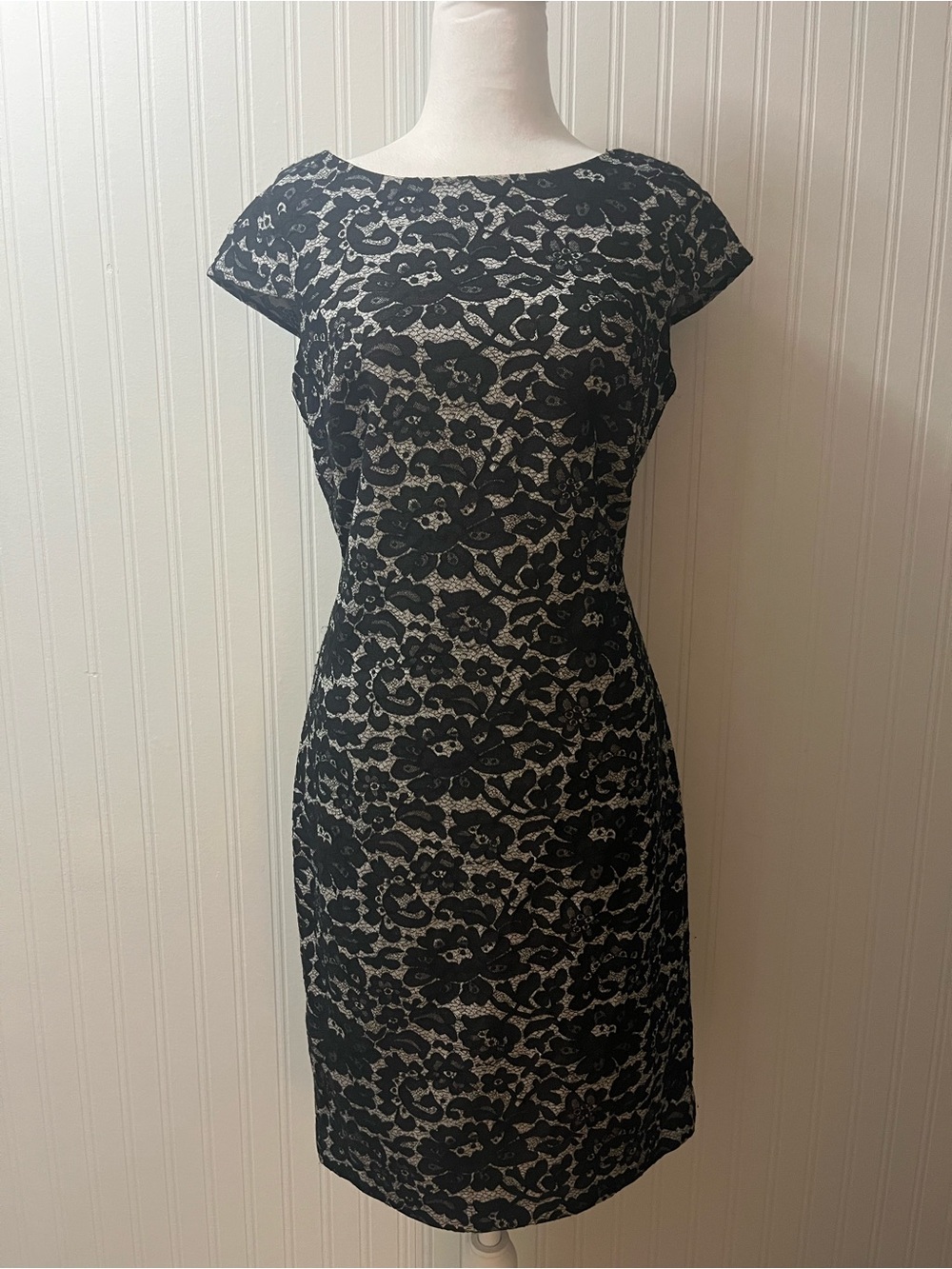 Tommy Hilfiger Black Lace Midi Dress with Cream Underlay look.